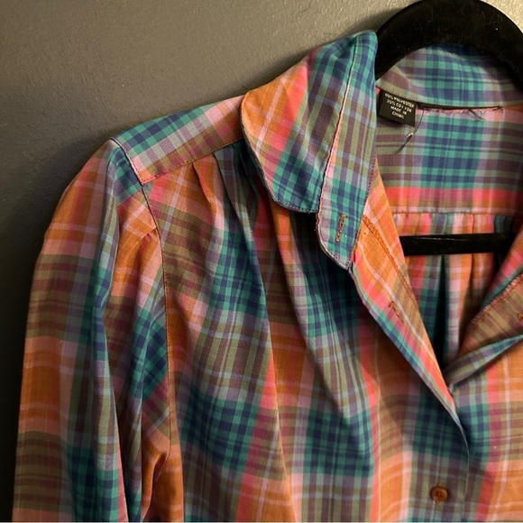 Vintage Pleated Shoulder Orange, Pink Blue Plaid Button Down Blouse | Size ~ M - Picture 3 of 7